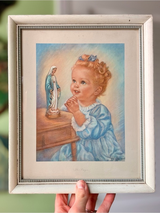 Other - Vintage Wood Framed Blue Nursery Prayer Wall Art Print Classic Child Portrait